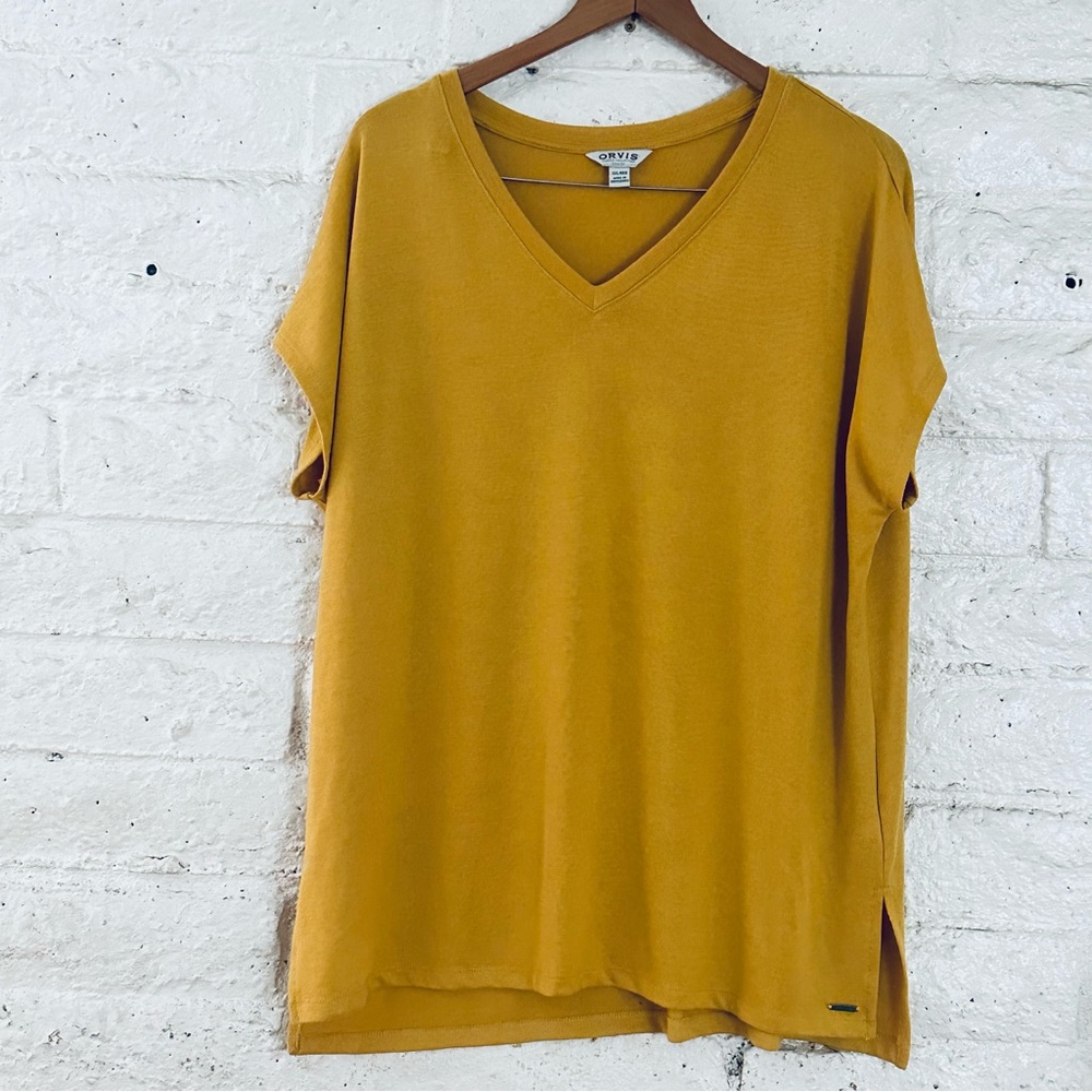Orvis Shirt Deep Mustard Yellow Super Soft Stretch V Neck Step Hem Sz XXL